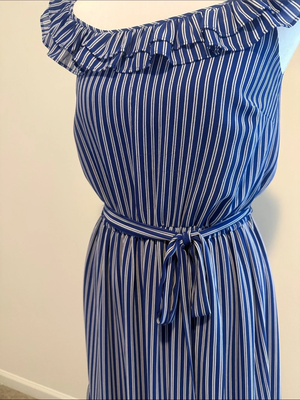 Michael Kors Blue and White Striped Midi Dress with Ruffle Neck